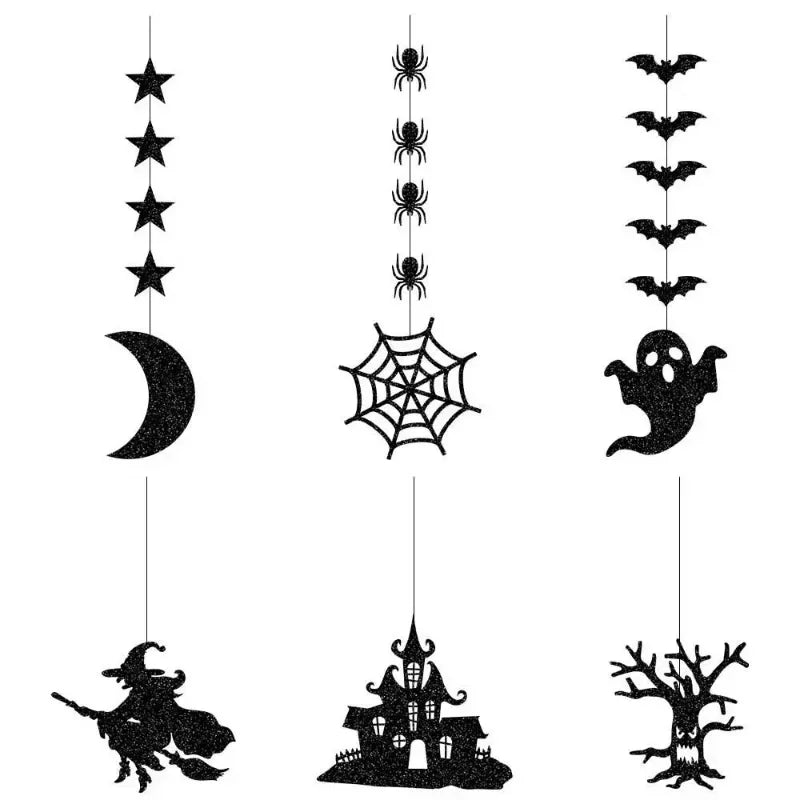 Lot de 6 guirlandes suspendues d’Halloween avec araignées effrayantes, sorcières, fantômes et chauves-souris, décorations pour une joyeuse fête d’Halloween à la maison