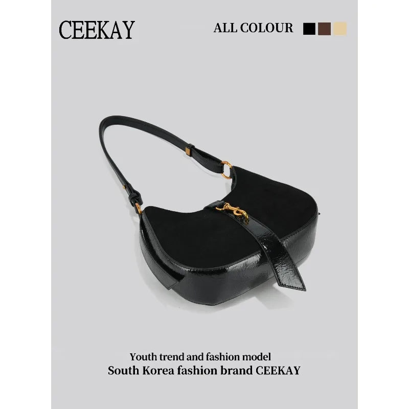 2026 New CEEKAY Suede Splice Hobo Bag, Crescent Shoulder Bag with Metal Hook Decor, Casual Underarm Bag for Women Handbags