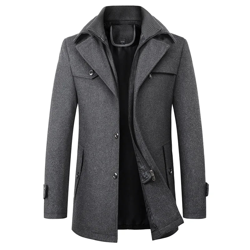 2026 Autumn Winter Men's Double Collar Woolen Coat Medium Length Style Casual Cotton Thickened Warm Outdoor Pure Color Coat