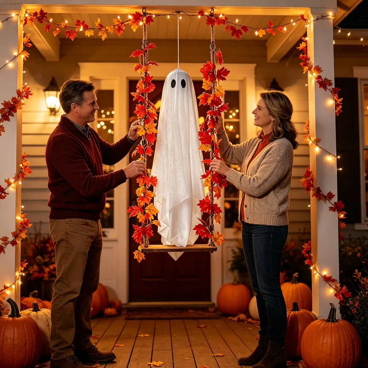 Leuchtende schaukelnde Geister-Dekoration für die Halloween-Veranda, hängende Geister-Schaukel-Dekoration mit beleuchtetem Hexenhut für den Garten