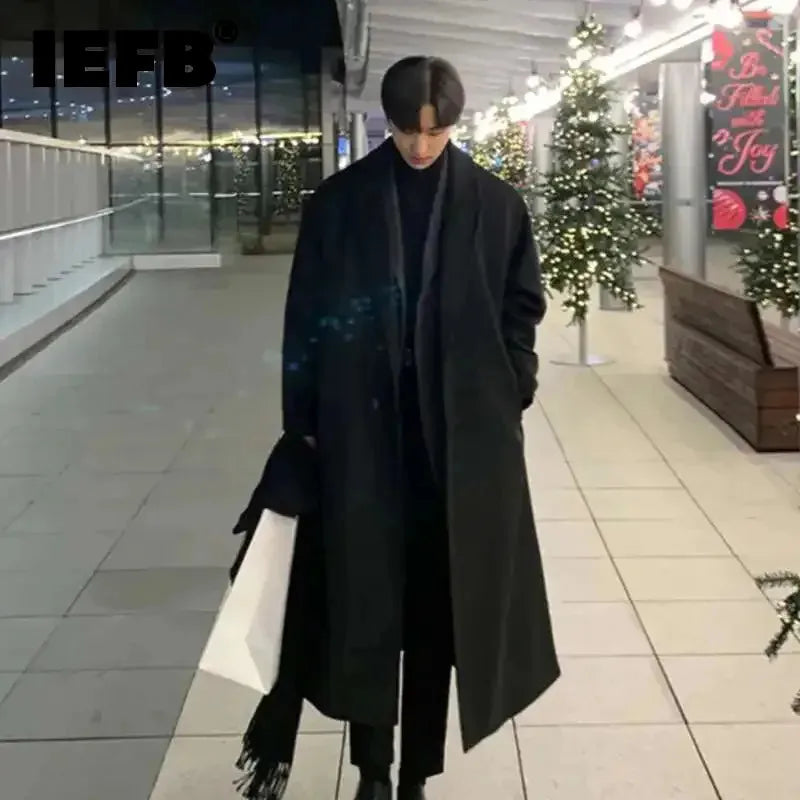 IEFB Korean Style Men's Fashion Tide Woolen Coat Single Breasted Overcoat 2026 Autumn New Stylish Trench Casual Loose Fit 9D1655