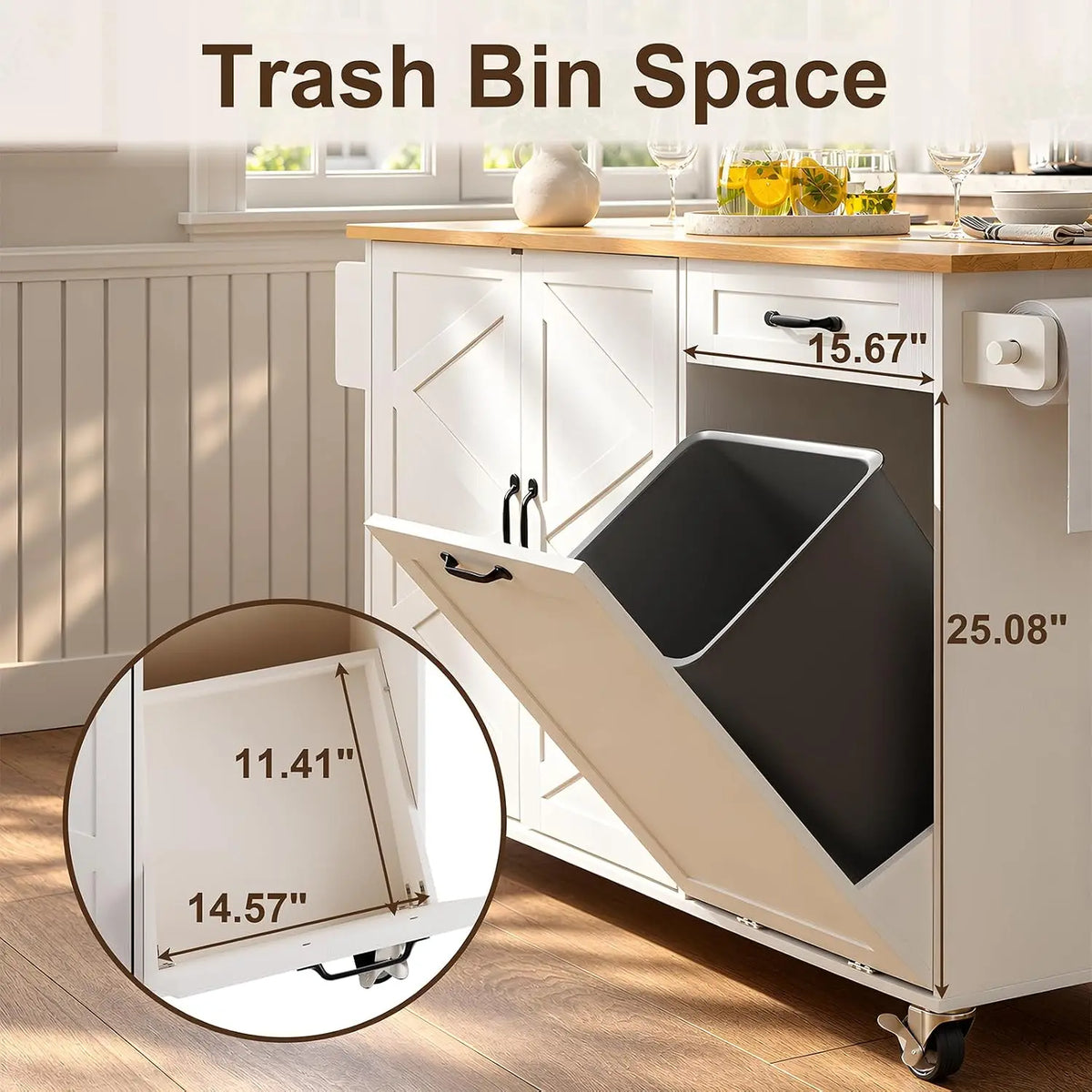 Kitchen Island Cart with Storage & Trash Bin, Mobile Kitchen Trolley on Wheels, Customized