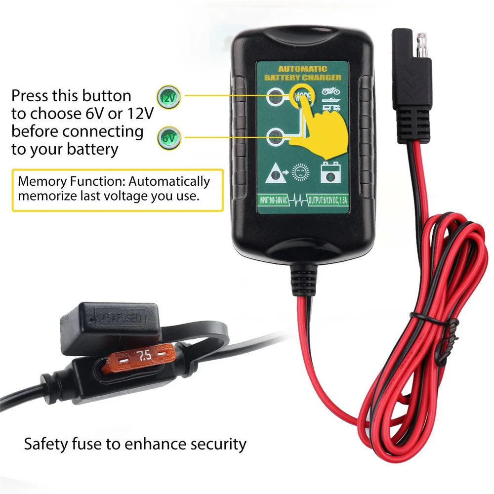 6V 12V 1.5A Automatic Battery Charger Maintainer Car Automatic Float Charger Motorcycle Lawn Mower Tractor Lead-acid AGM GEL Toy
