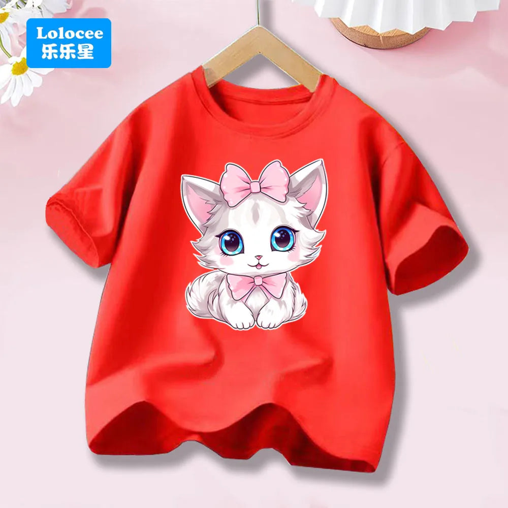 Girls’ Cat-Print Short-Sleeve T-Shirt