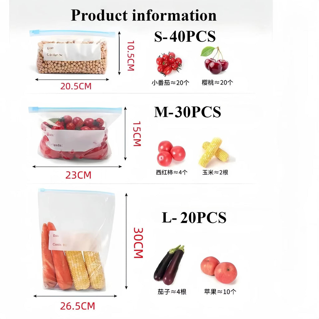 45 PCS Sacs de congélation réutilisables en plastique avec fermeture zippée, poches autoportantes pour fruits, légumes et aliments de cuisine, organiseurs de rangement