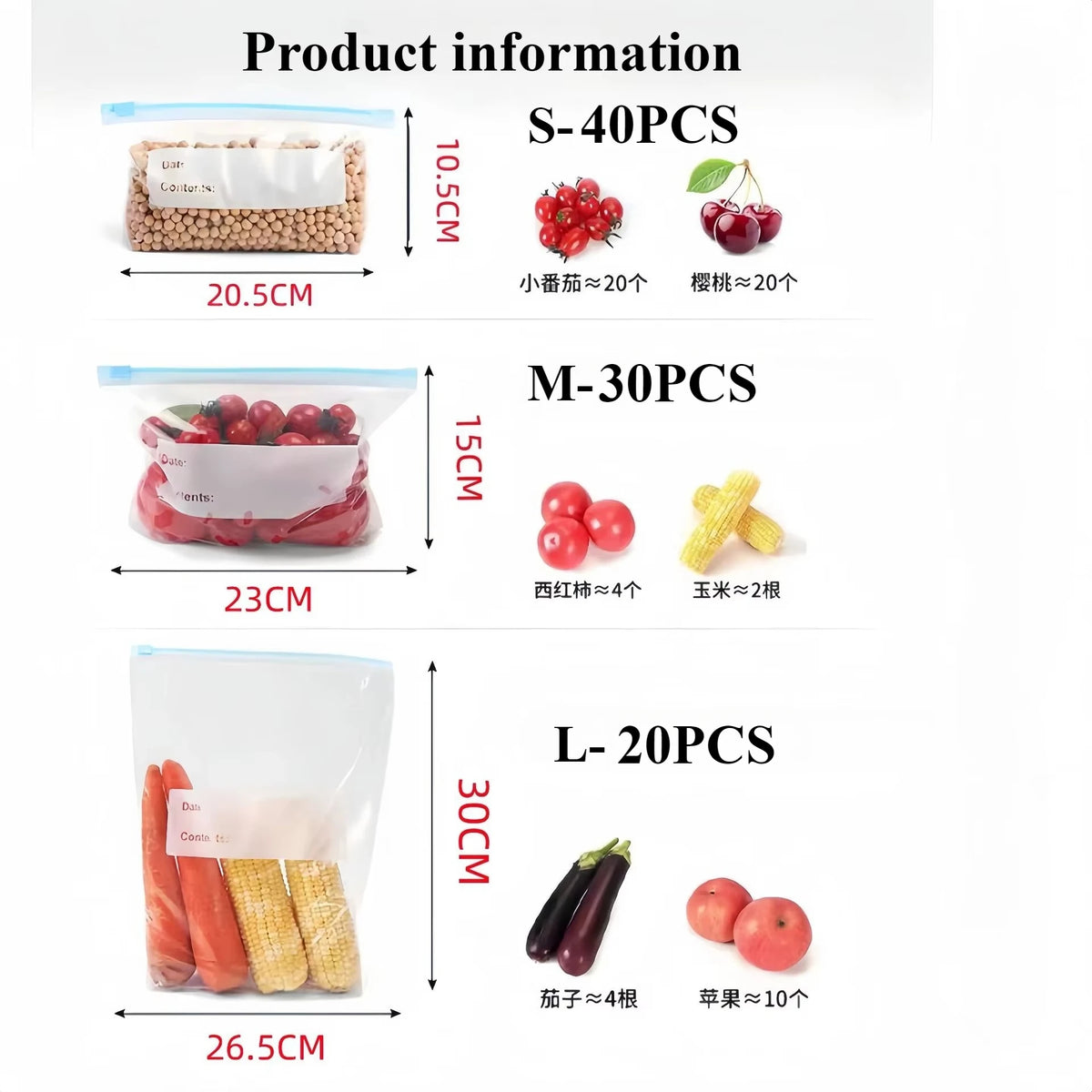 45PCS Reusable Zipper Bag Stand Up Zip Shut Plastic Freezer Bag Fruit Vegetable Ziplock Kitchen Food Storage Organizer Pouch