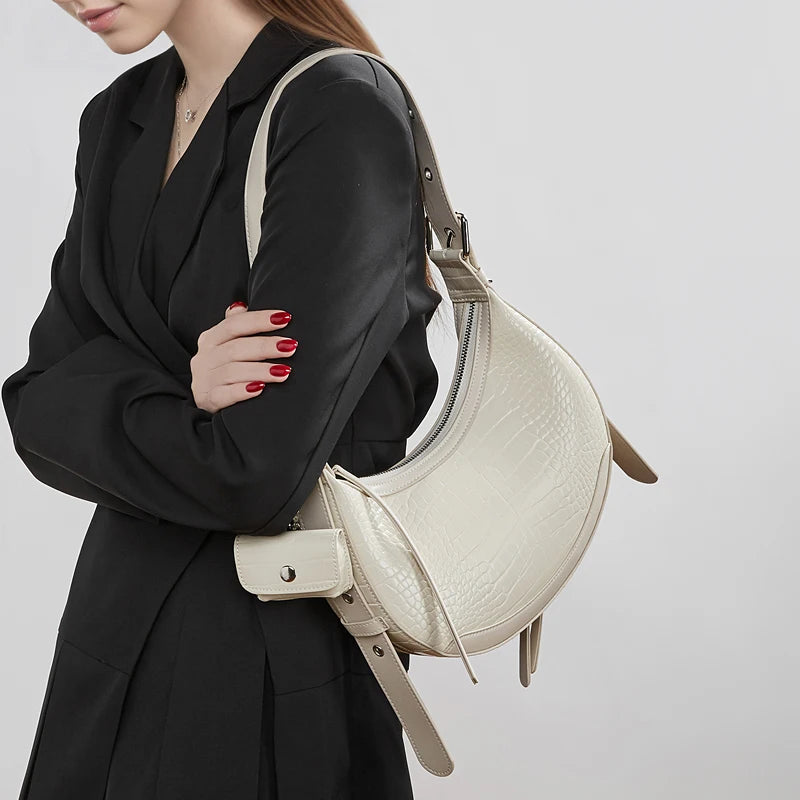 BURMINSA Vintage Croc Embossed Genuine Leather Crescent Shoulder Bag Women Half Moon Underarm Purse Going Out Crossbody Handbags