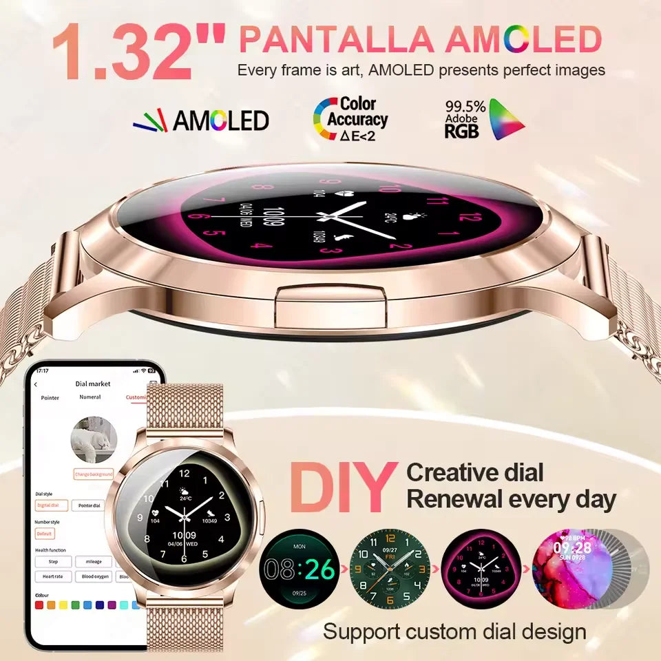 2026 New NFC Women Smart Watch 1.32 "Full HD Touch Screen Blood Pressure IP69K Waterproof 7.3mm Ultra Thin Ladies' Smart Watch