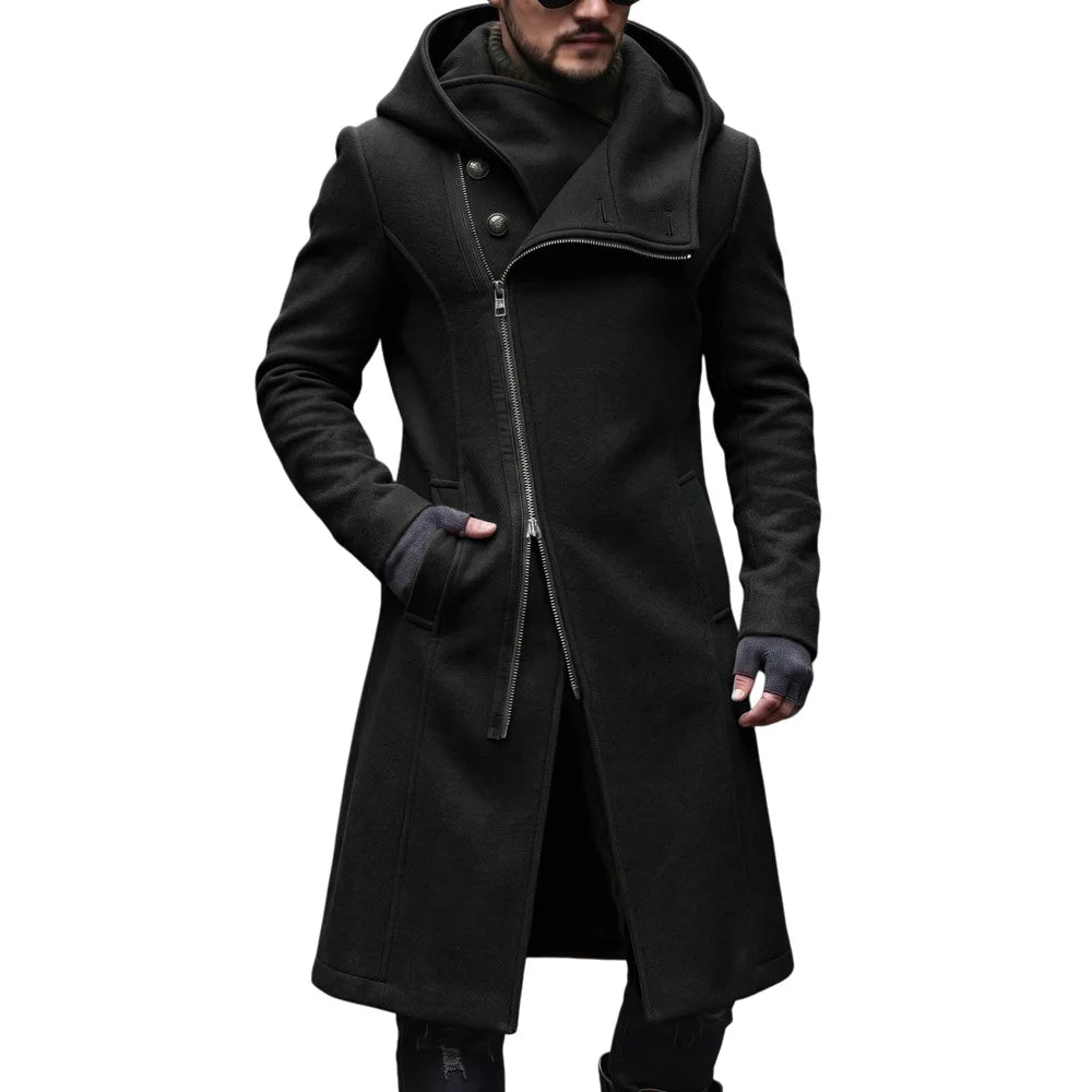 Men Hooded Jacket Wool Blends Long Coats Zipper Overcoat Full Sleeve Casual Y2k Streetwear Work Trench Coat Solid Autumn Winter