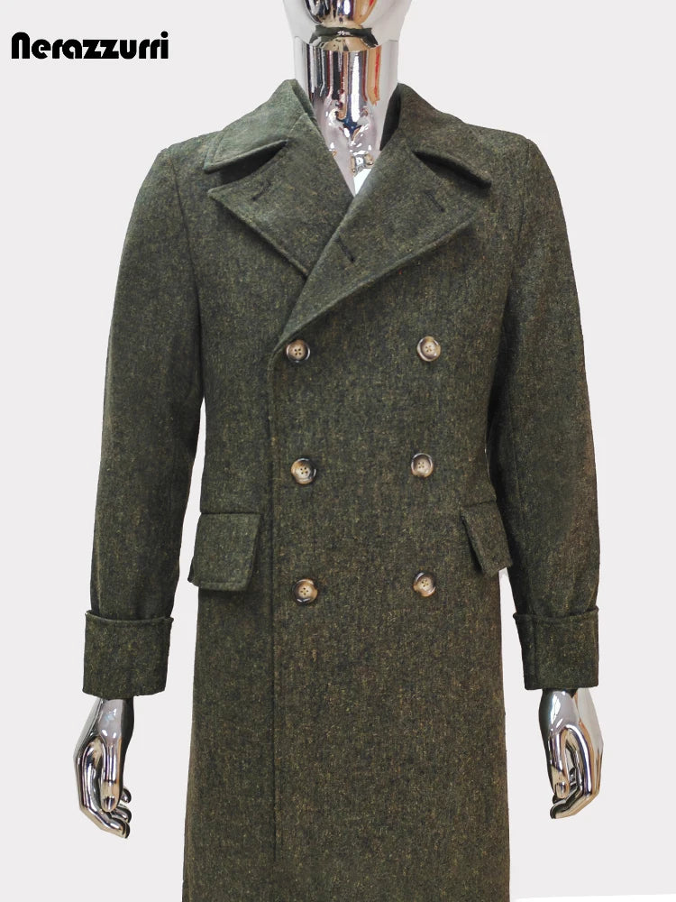 Nerazzurri Autumn Winter Long Luxury Elegant Chic Thick Warm Woolen Polo Coat for Men Double Breasted Wool & Blends Overcoat