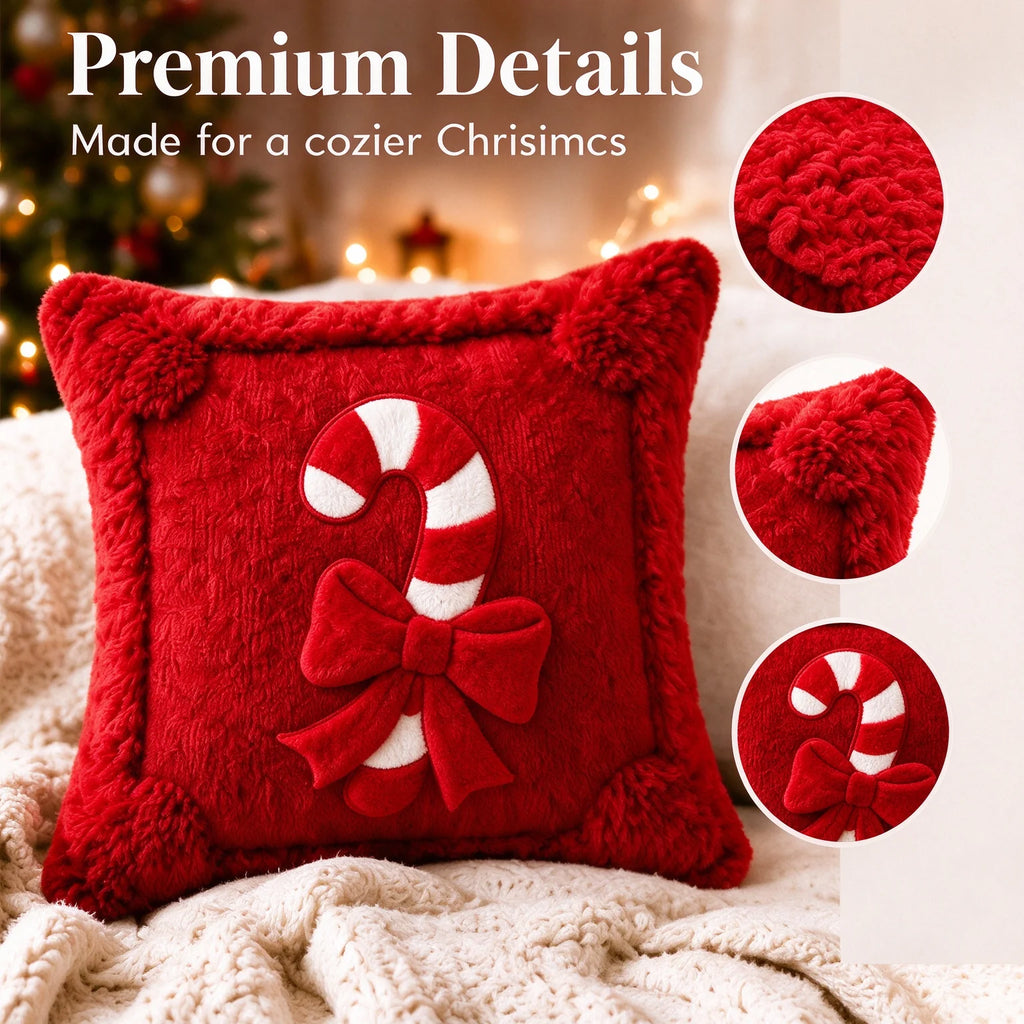 Housse de coussin décoratif de Noël Sucre d'orge, Housse de coussin de Noël rouge aspect peluche en fausse fourrure, Nœud Décoration d'intérieur pour canapé de fêtes hivernales