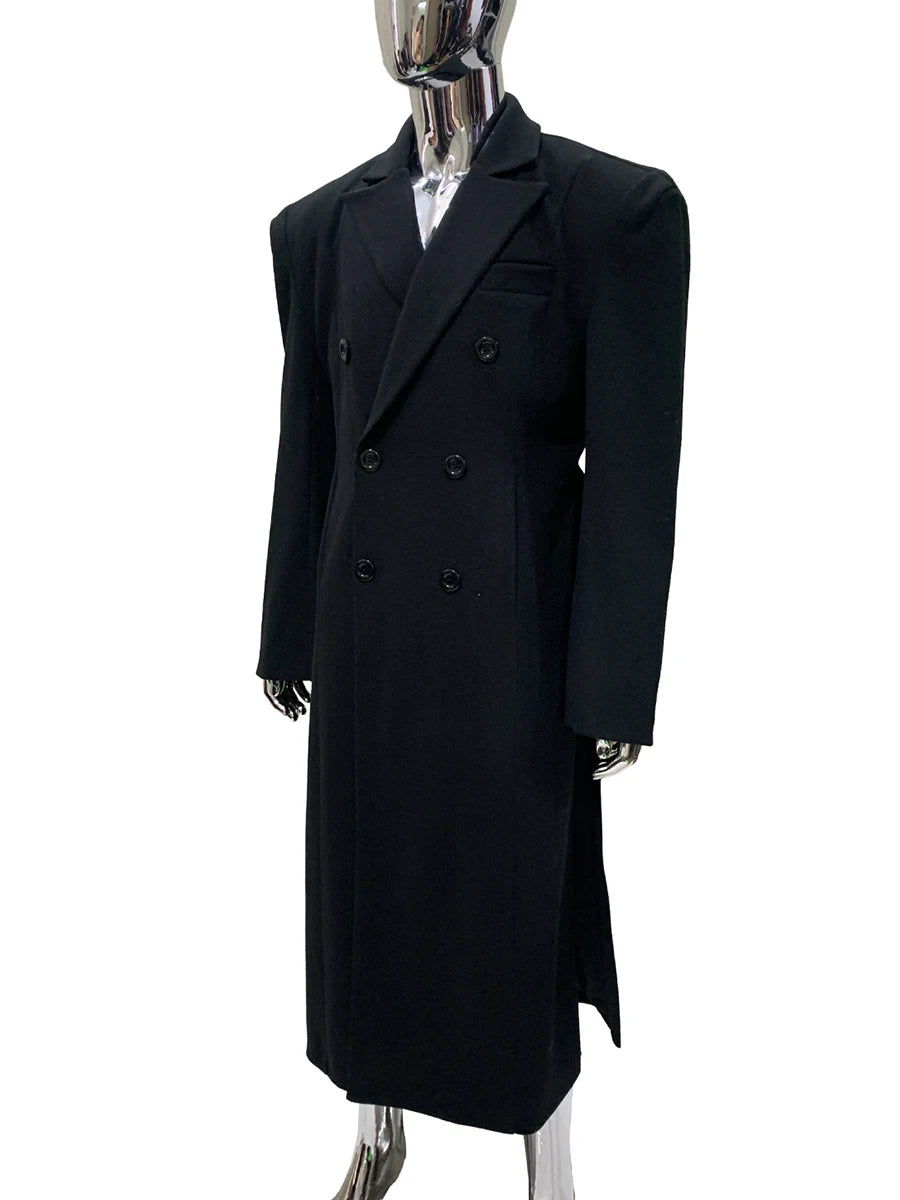 Autumn Winter Long Warm Thick Fitted Black Wool Blends Coat Men with Double Side Slit Shoulder Pads Luxury Woolen Overcoat 2025