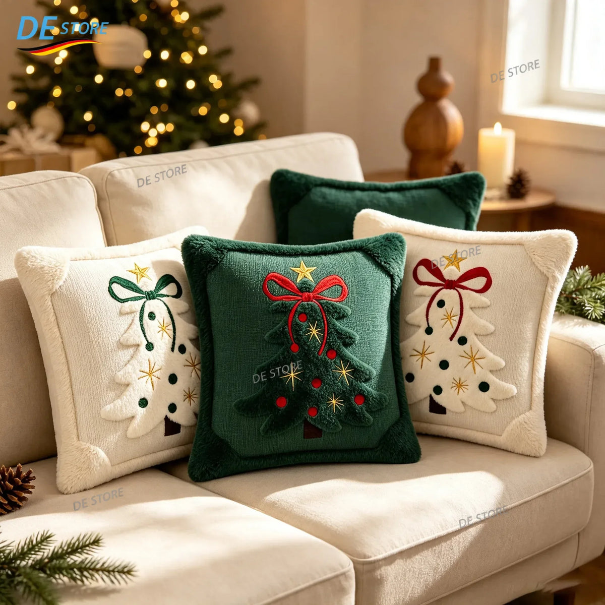 3D-Jacquard-Kissenbezug mit Winterplüsch und gestickter Schleife und Stern, Weihnachtsdekoration, 45 x 45 cm, Geschenk zu Weihnachten und Neujahr