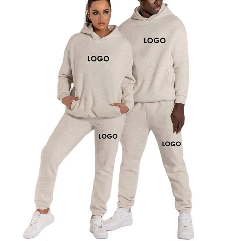 Tuta personalizzata con stampa, felpa con cappuccio e pantaloni da jogging, set unisex per lo sport e il tempo libero con maniche lunghe.