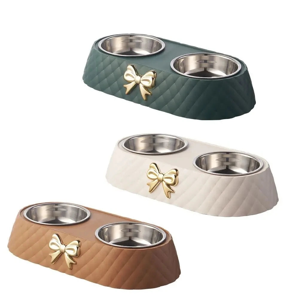Gamelle double pour animaux de compagnie en acier inoxydable avec socle en polypropylène et nœud papillon pour chats et chiens, accessoires d'alimentation et d'abreuvement