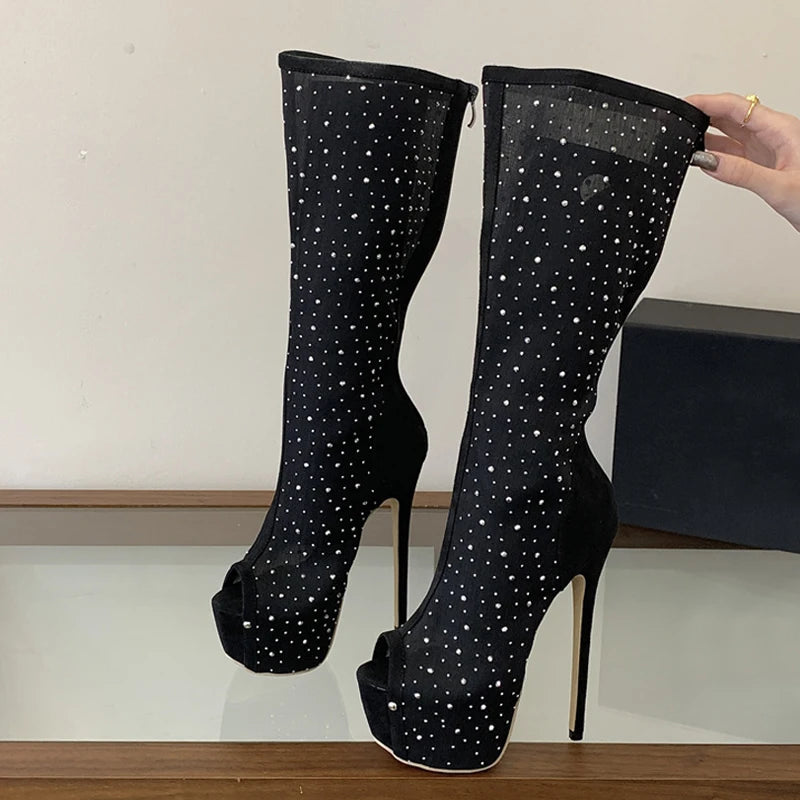 Stivali donna Liyke in rete con strass e plateau