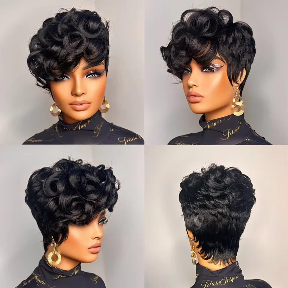 1B# Pixie Cut Human Hair Wig for Women 6" Layered Short Loose Curly with Bangs 180% Density Remy Brazilian Hair Rose Net Cap
