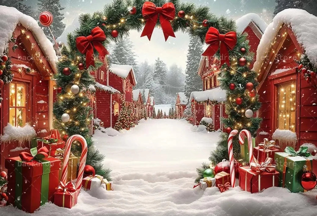 Winter Christmas Party Backdrops Snow Town Arch Door Xmas Tree Gift Decor Kids Portrait Photocall Photography Background