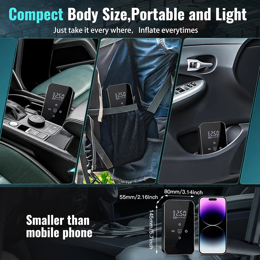 Gonfleur d’air électrique portable sans fil à écran tactile, mini-compresseur pour pneus de moto, vélo et voiture, ainsi que pour ballons
