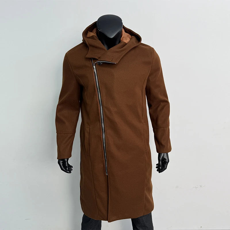 Men Hooded Wool Blend Coat Asymmetric Zip Autumn Winter Warm Long Overcoat Stylish Mens Outerwear Jacket Chic Streetwear M-2XL