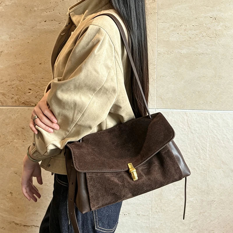 Genuine Suede Women's Bag 2026 Luxury Designer Shoulder Bags Flap Lock Lady Tote Handbag Natural Real Leather Commute Bags Woman