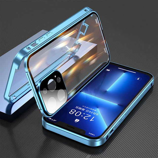 360 Full Protection Metal Magnetic Double Sided Glass Snap Lock Case For iPhone 18 17 16 15 14 13 Pro Max Lens Protection Cover