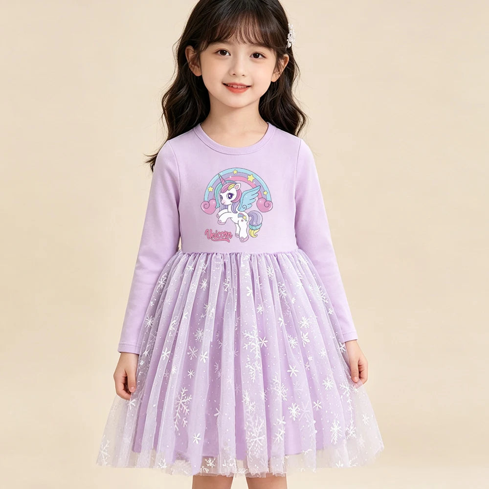 Vestido nuevo para niña, primavera-otoño, vestido de princesa de manga larga para niños, ropa de moda para bebés, ropa de fiesta de cumpleaños, unicornio