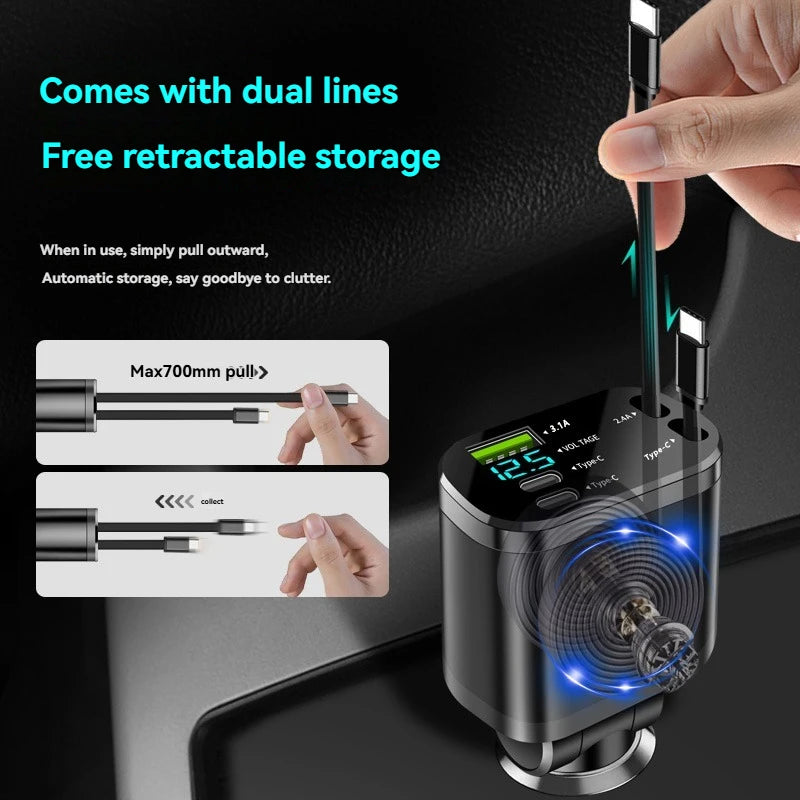 Chargeur voiture, chargeur voiture avec câble rétractable, chargeur voiture PD, recharge rapide voiture, recharge ultra-rapide, recharge flash, chargeur allume-cigare cinq en un