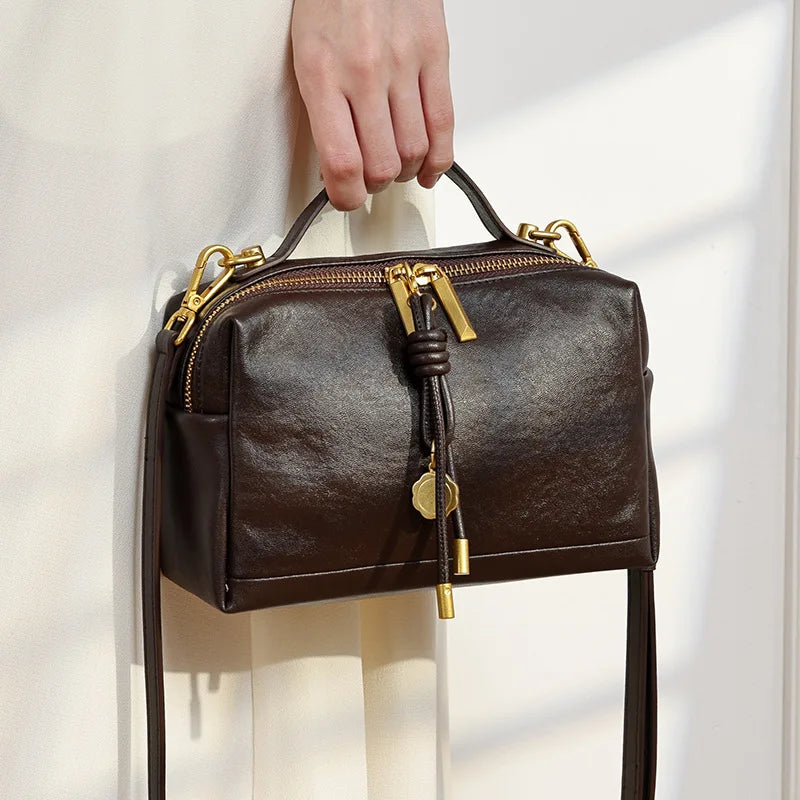 Women's Vegetable-tanned Cowhide Bag Luxury Deisgner Ladies Genuine Leather Shoulder Crossbody Small Square Bag Female Handbag