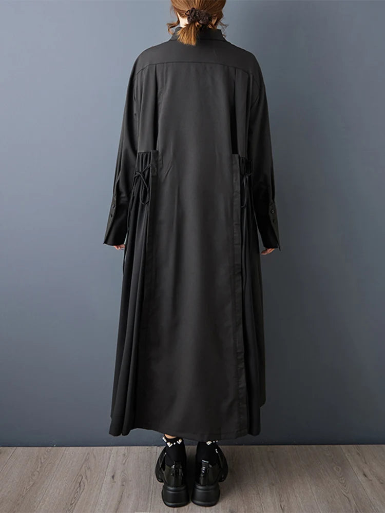 Schwarzes Damen-Chemisierkleid in Midi-Länge mit Schnürung