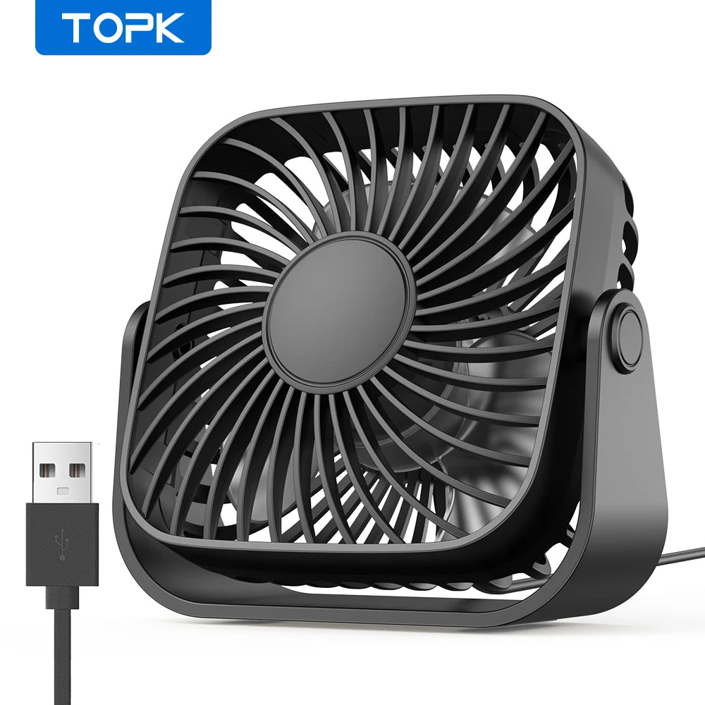 TOPK 4-Zoll-USB-Mini-Ventilator für Camping, leiser Tischventilator mit 3 Geschwindigkeitsstufen, 360° verstellbarer Standventilator für Zimmer und Zuhause