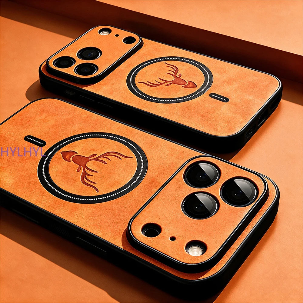 Luxury PU Leather Deer Magnetic Phone Case For iPhone 18 17 16 15 14 13 12 11 Pro Max Plus 16E For Magsafe Shockproof Back Cover