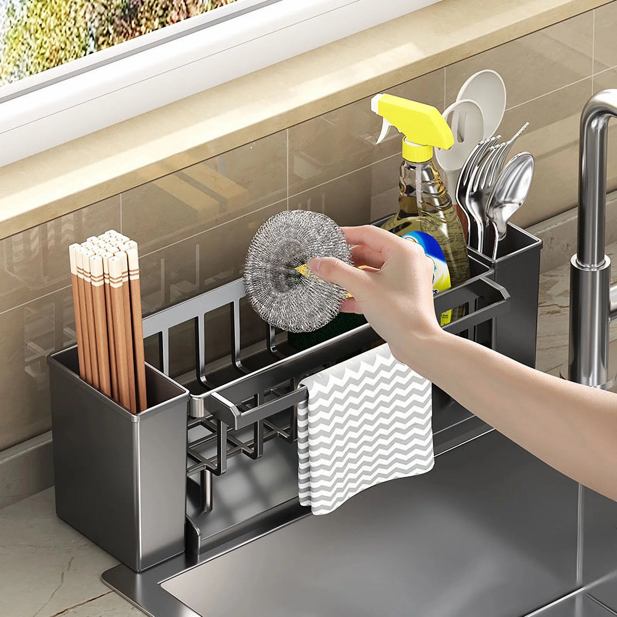 Organizador para fregadero, Soporte para esponja de cocina con soporte para estropajo, Escurridor para paños, Organizador de baño, Soporte para grifo del fregadero