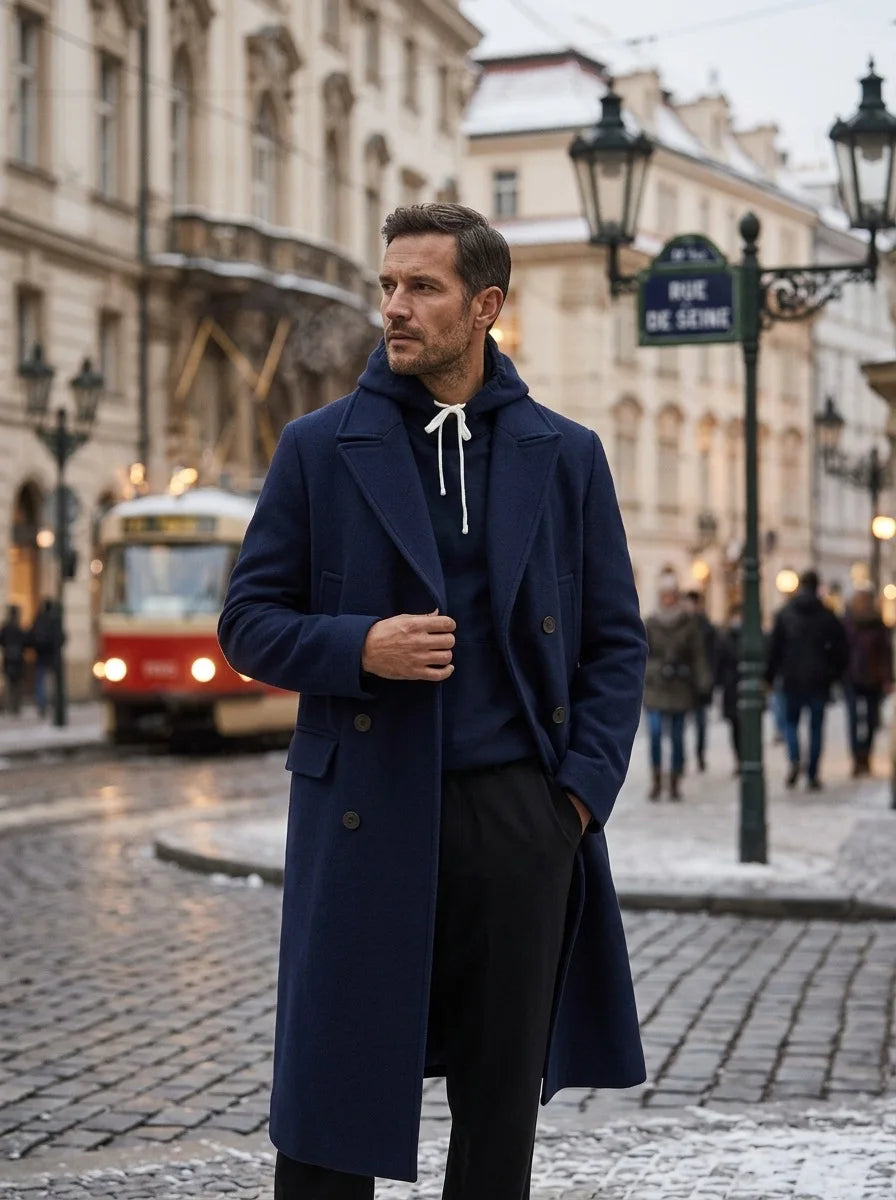 Men Wool Blends Overcoat Double Breasted Classic Lapel Long Trench Coat Formal Work Y2k Streetwear Casual Jacket Autumn Winter