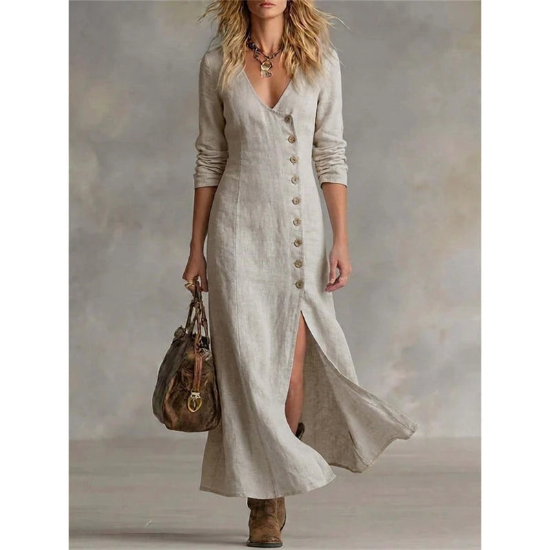 Abito midi con scollo a V e bottoni