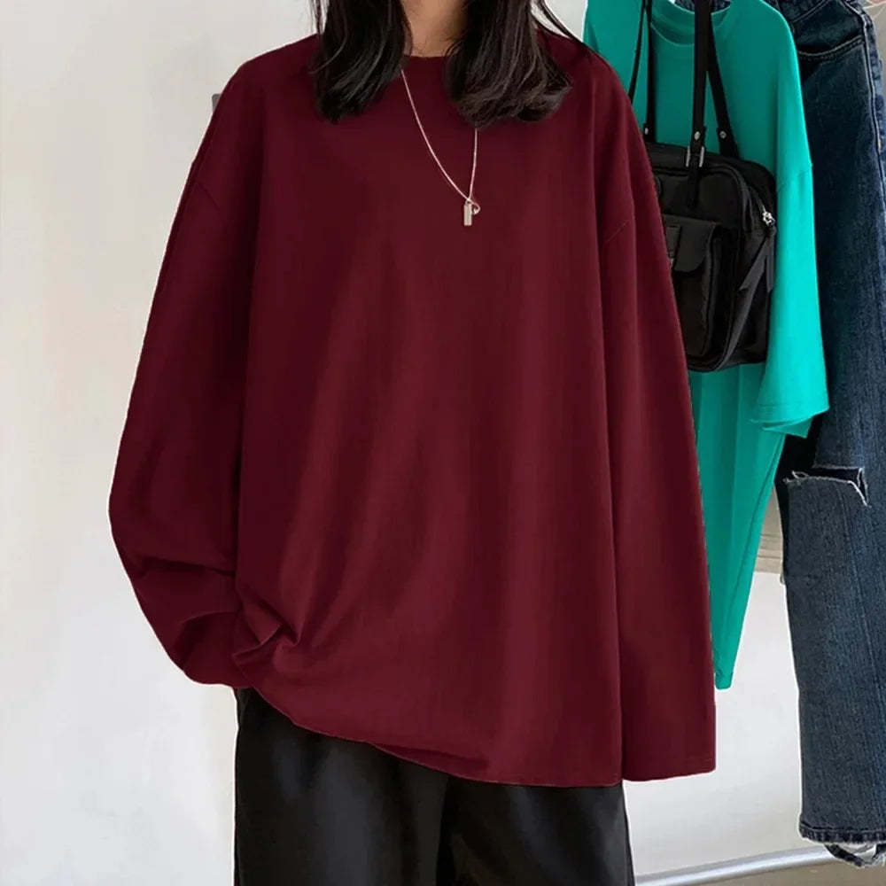 New Trendy Cotton Long Sleeve T-Shirt Women Oversize  Basic Tee Casual O-neck Tops Simple Streetwear Cozy Versatile T-shirt