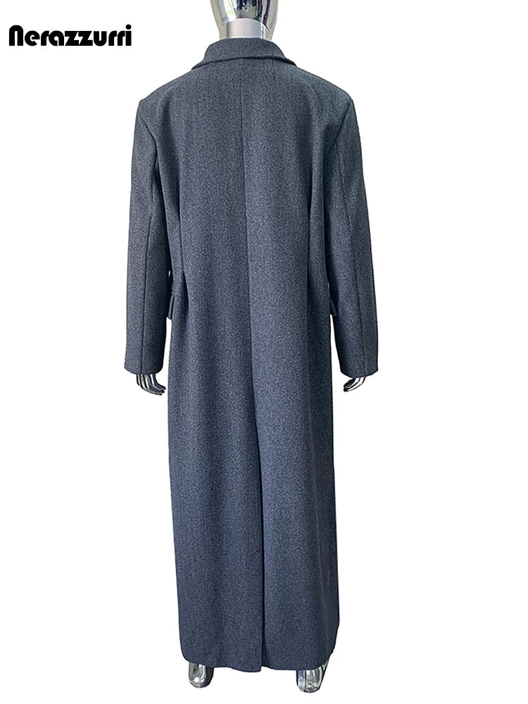 Nerazzurri Autumn Winter Extra Long Warm Fitted Grey Wool Blends Coat Men Luxury Floor Length Woolen Overcoat Menswear Clothes