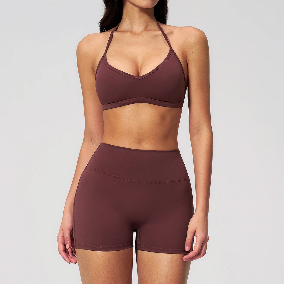 2-teiliges Yoga-Set für Damen, Trainingsanzug mit rückenfreiem Neckholder-Top und High-Waist-Shorts, Fitness-Sportbekleidung für das Training