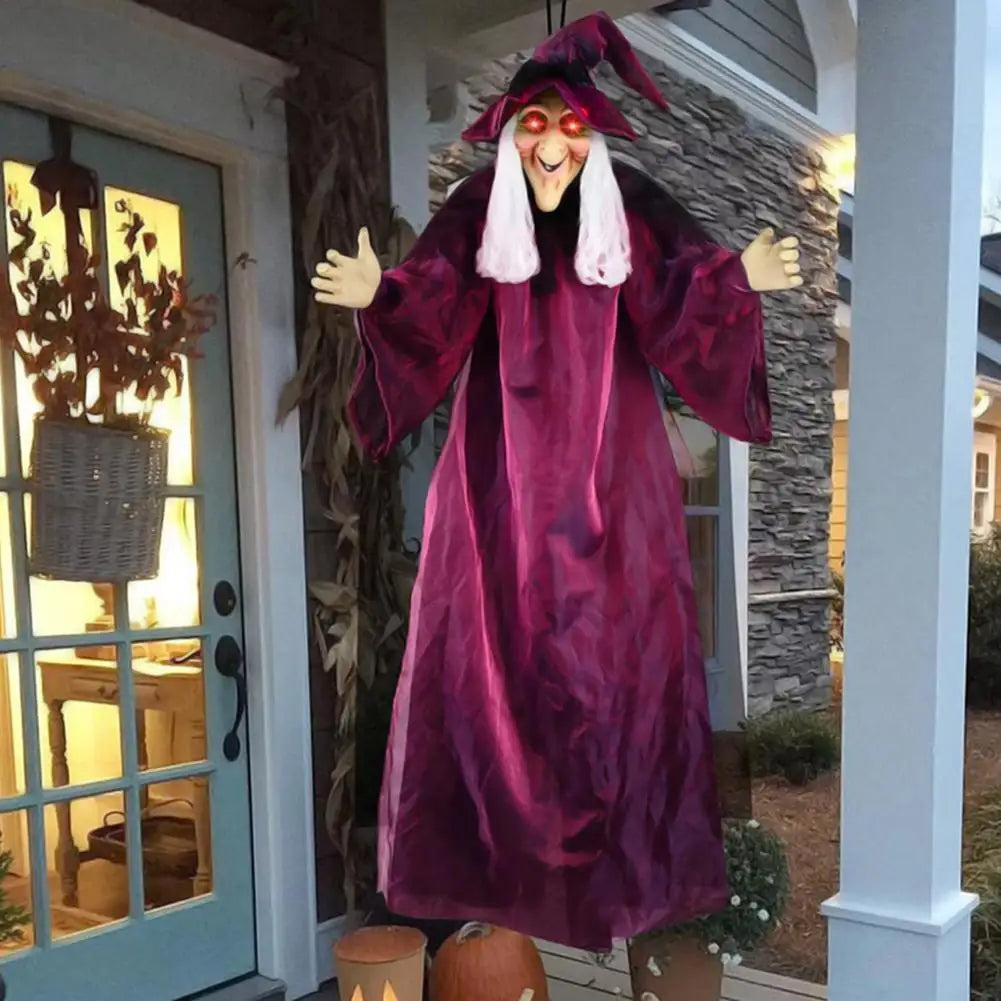 Bruja parlante de tamaño real para Halloween, bruja animatrónica morada de terror para exteriores, decoración luminosa y gritona con control por voz