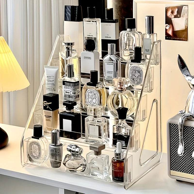 Elegant Acrylic Perfume & Cosmetic Organizer – Multi-Tier Clear Display Stand, Sleek Countertop Storage Rack for Your Vanity