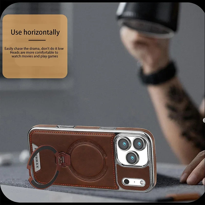 Luxury Leather Phone Case For Apple iPhone 12 13 14 15 16 17 18 Pro Max Plus Wireless Charging Magnetic Ring Kickstand Cover
