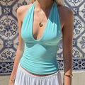 Damen Slim Fit Neckholder-Bluse V-Ausschnitt Sexy Sommer Mode Trendy Chic Vielseitiges Basic Tanktop