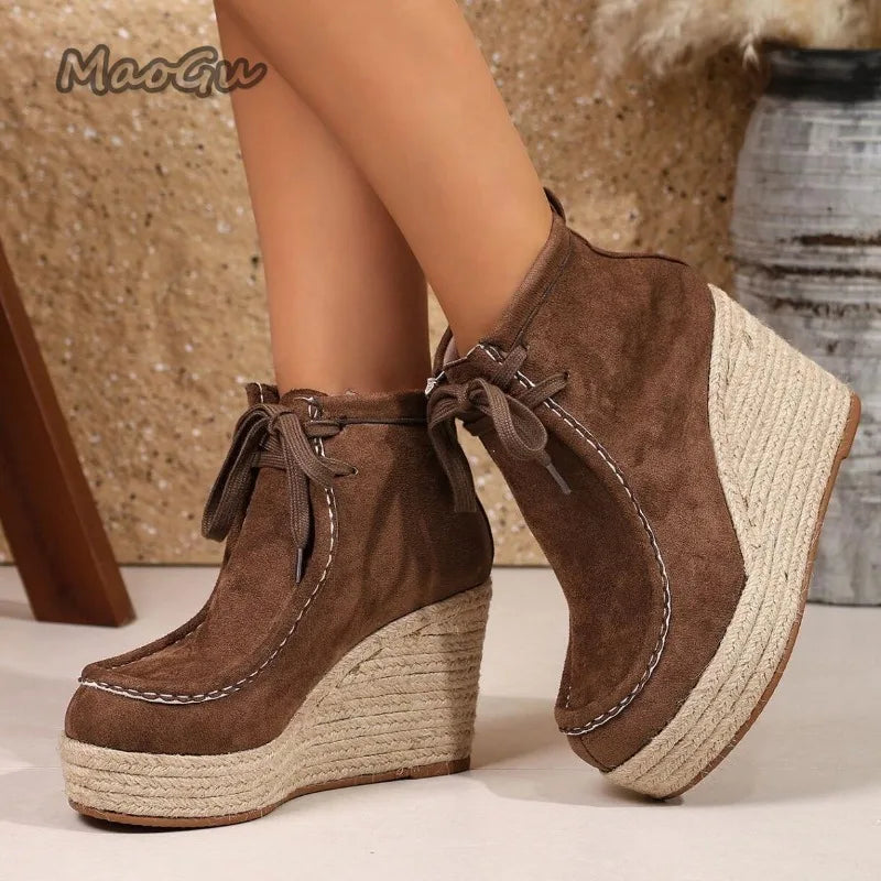 Women's Espadrille Wedge Ankle Boots, Suede Lace-Up High-Heeled Booties, Platform Sole Bohemian Short Boots, New for Fall 2026