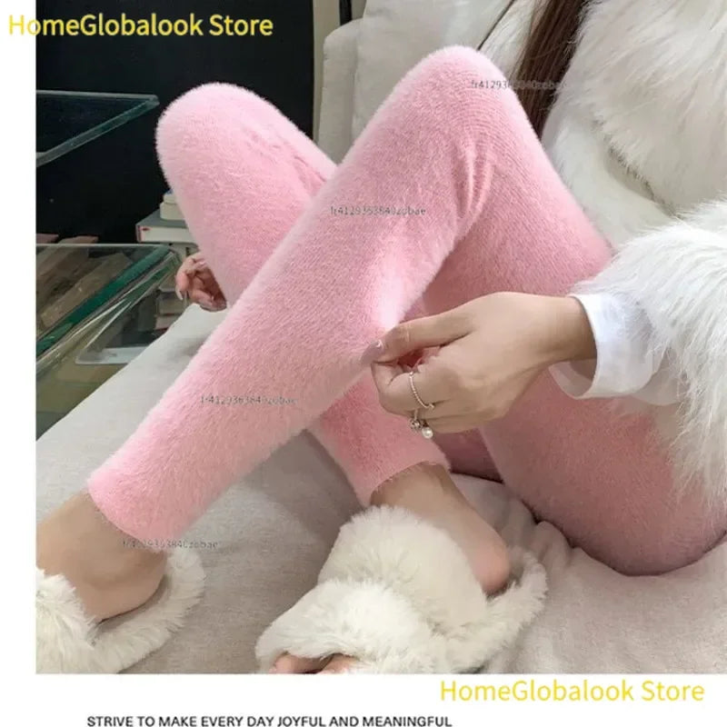 Pantalones rectos de terciopelo de visón rosa para mujer, leggings térmicos de felpa con cintura alta elástica, pantalones casuales de punto para usar en el exterior, parte inferior cálida para otoño e invierno