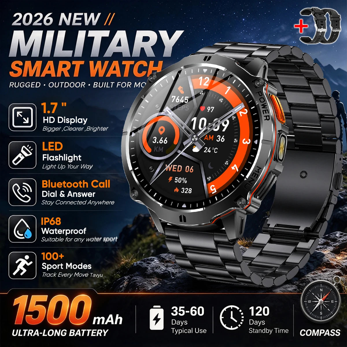 Military T-Rx6 Smartwatch,1.7'AMOLED Screen,150 Day Battery,IP68 Waterproof,Metal,120 Fitness Modes,Flashlight,For Men Women New