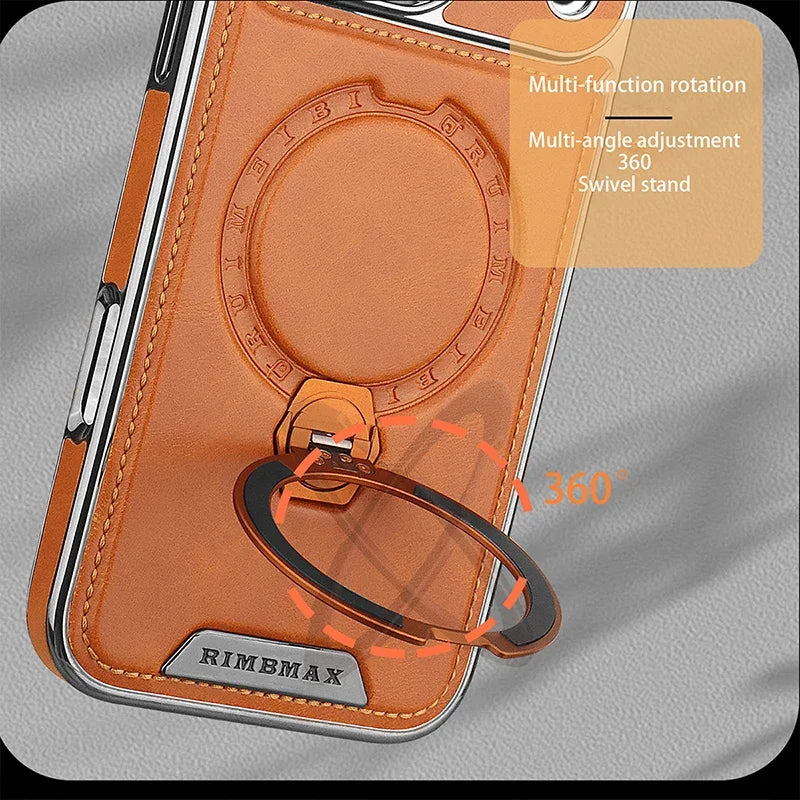 Luxury Leather Phone Case For Apple iPhone 12 13 14 15 16 17 18 Pro Max Plus Wireless Charging Magnetic Ring Kickstand Cover