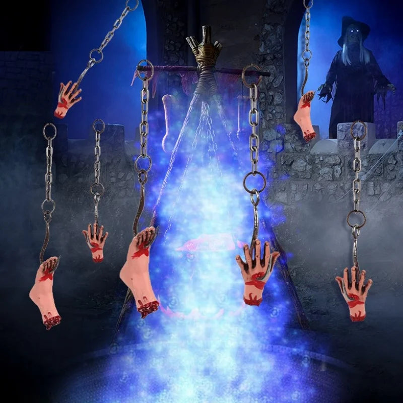 Décorations d'Halloween tête, mains et pieds suspendus par des chaînes, accessoires d'horreur pour extérieur, maison hantée, salle secrète et décor d'Halloween