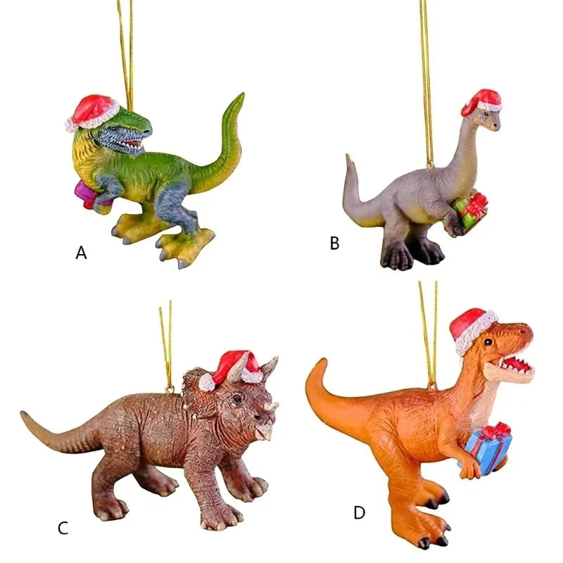 Christmas Tree Hanging Ornaments Dinosaur in Christmas Hat Figurine Decorations