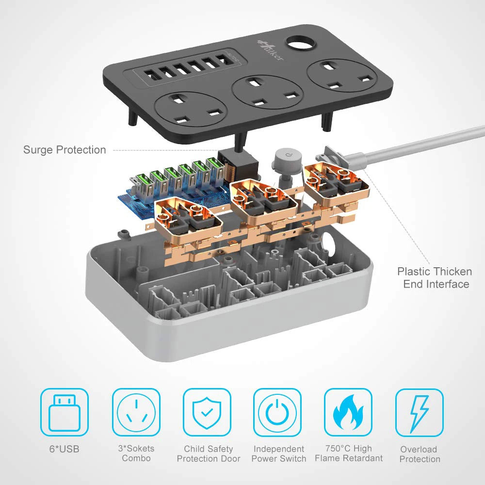 Regleta de enchufes tipo cubo con 6 puertos USB, 13A, 3250W, Hulker, 3 tomas de corriente con interruptor, regleta de alimentación de 3 vías con 6 puertos USB, 1,5 m