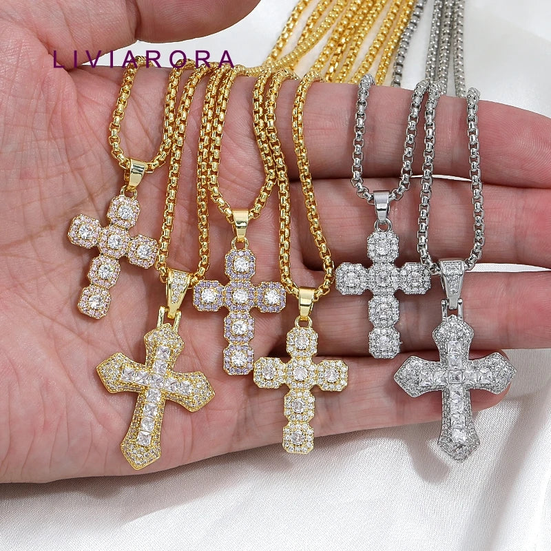 1Pc 18K Gold Plated Brass Iced Out Cross Pendant Necklace Hip Hop Religious Cross Pendant Necklace For Unisex Jewelry Gift